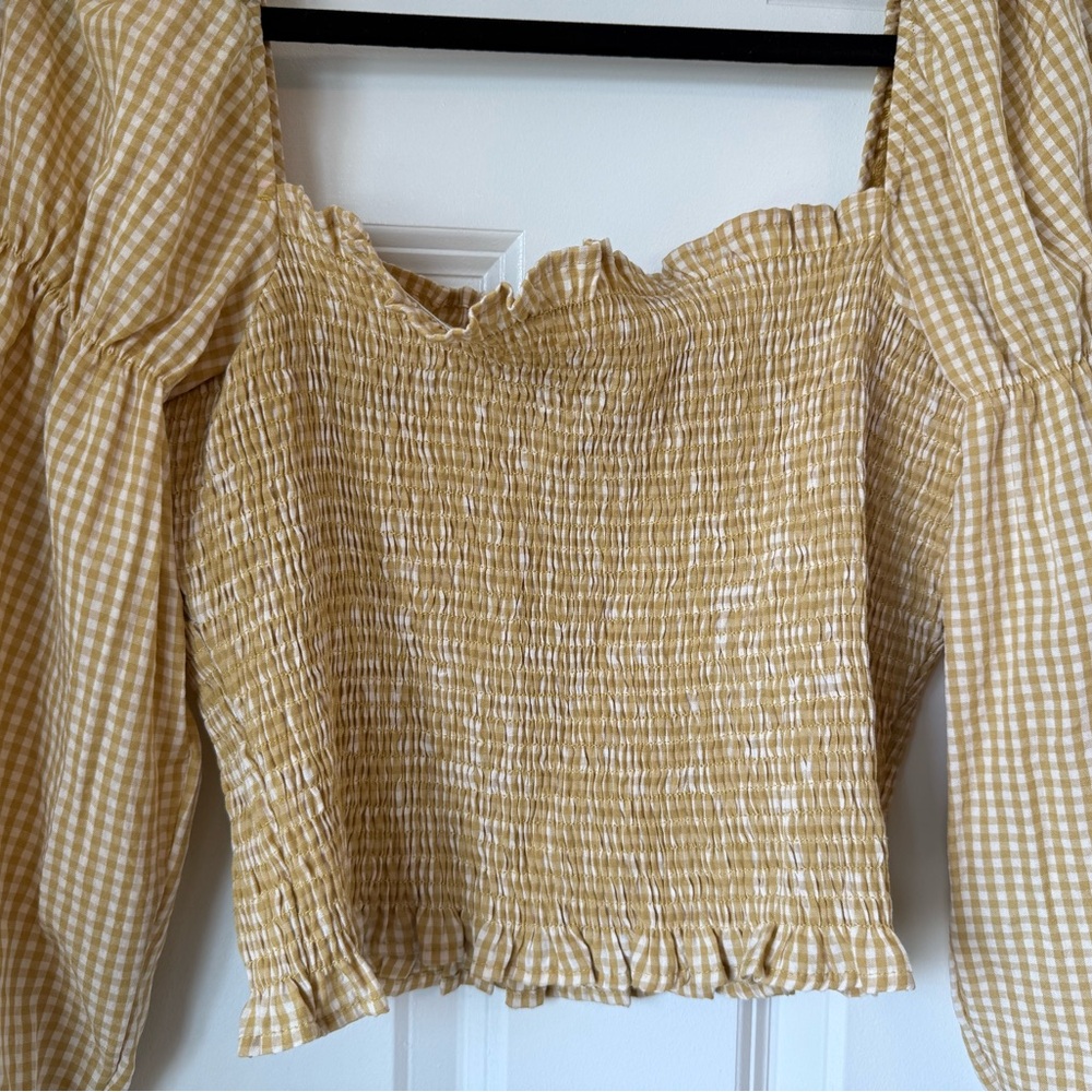 Urban Outfitters Yellow Ruffled Ruche Crop‎ Top Smocked Long Sleeve Checkered S - Picture 5 of 14